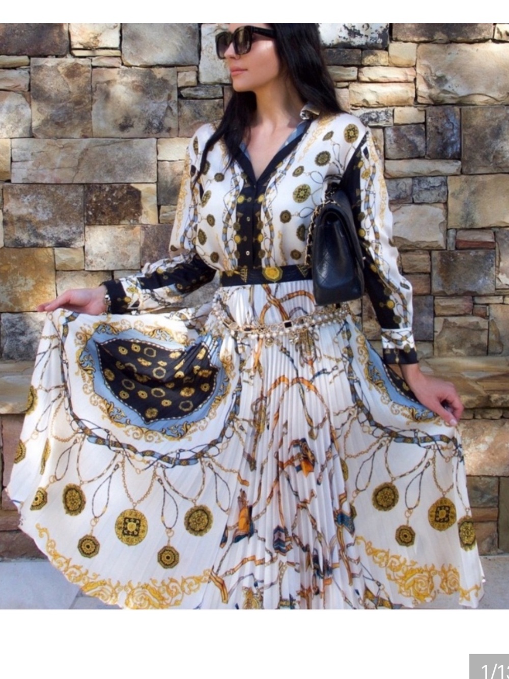 Zara Chain Print Equestrian Pleated Skirt White Black Yellow